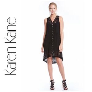 Karen Kane Lace Trim High Low Black Button Dress